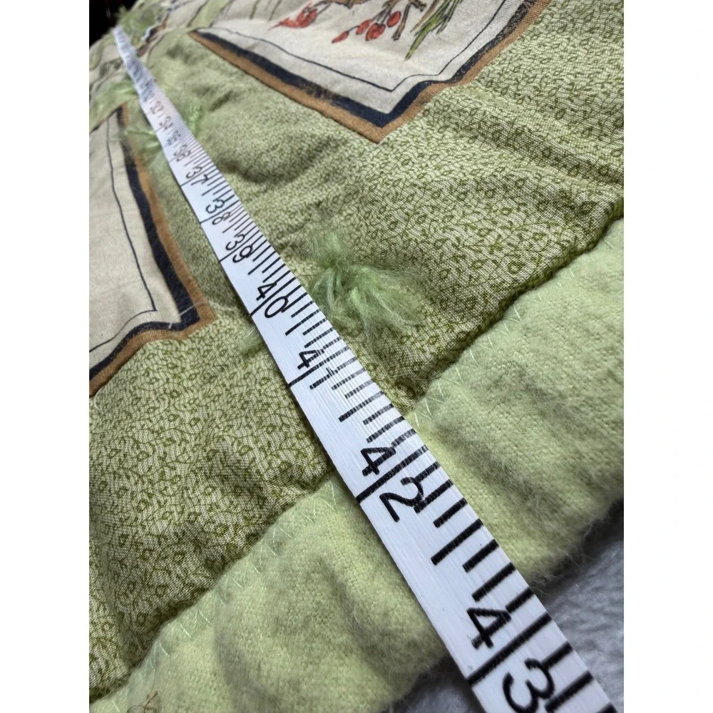 Vintage 80s Bird Botanical Tied Quilt Sage‎ Green Cotton Lap Blanket 42x50